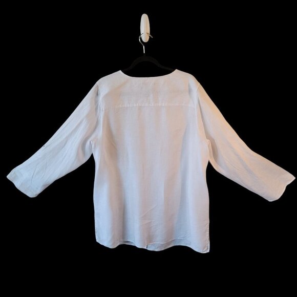 Tahari White Collarless 100% Linen Down Button Shirt Tunic Top w/ Long Roll Tab - Picture 2 of 4